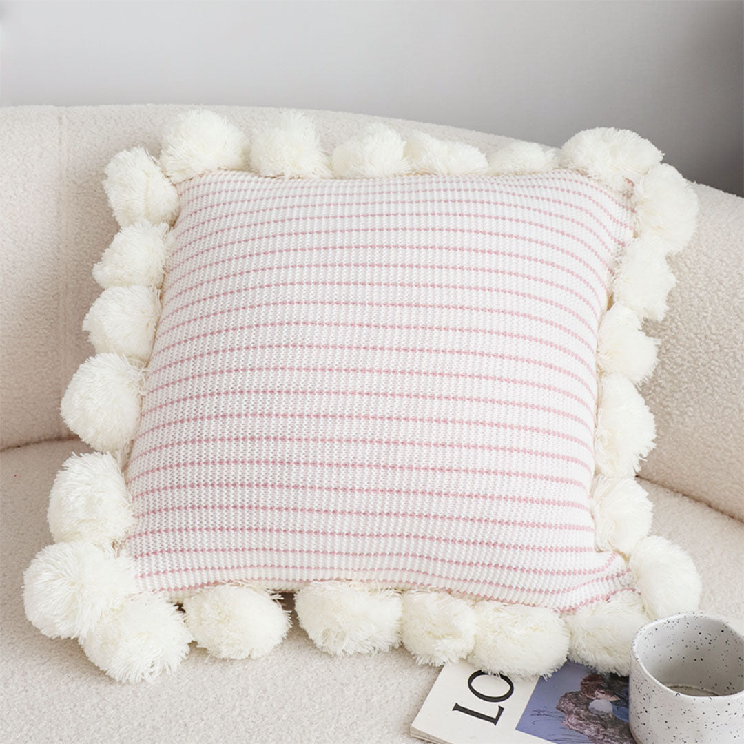 SOGA 45cm Cream Waffle Weave Pillow Cover with Pom Poms