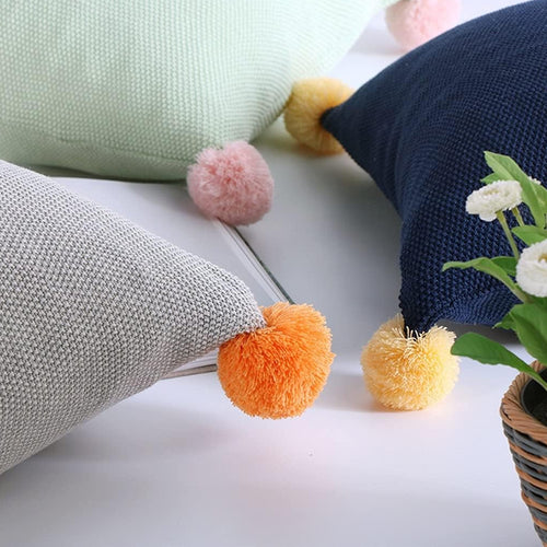 SOGA 2X 45cm Ribbed Knit Decorative Pillow Covers with Pom-Poms – Light Gray