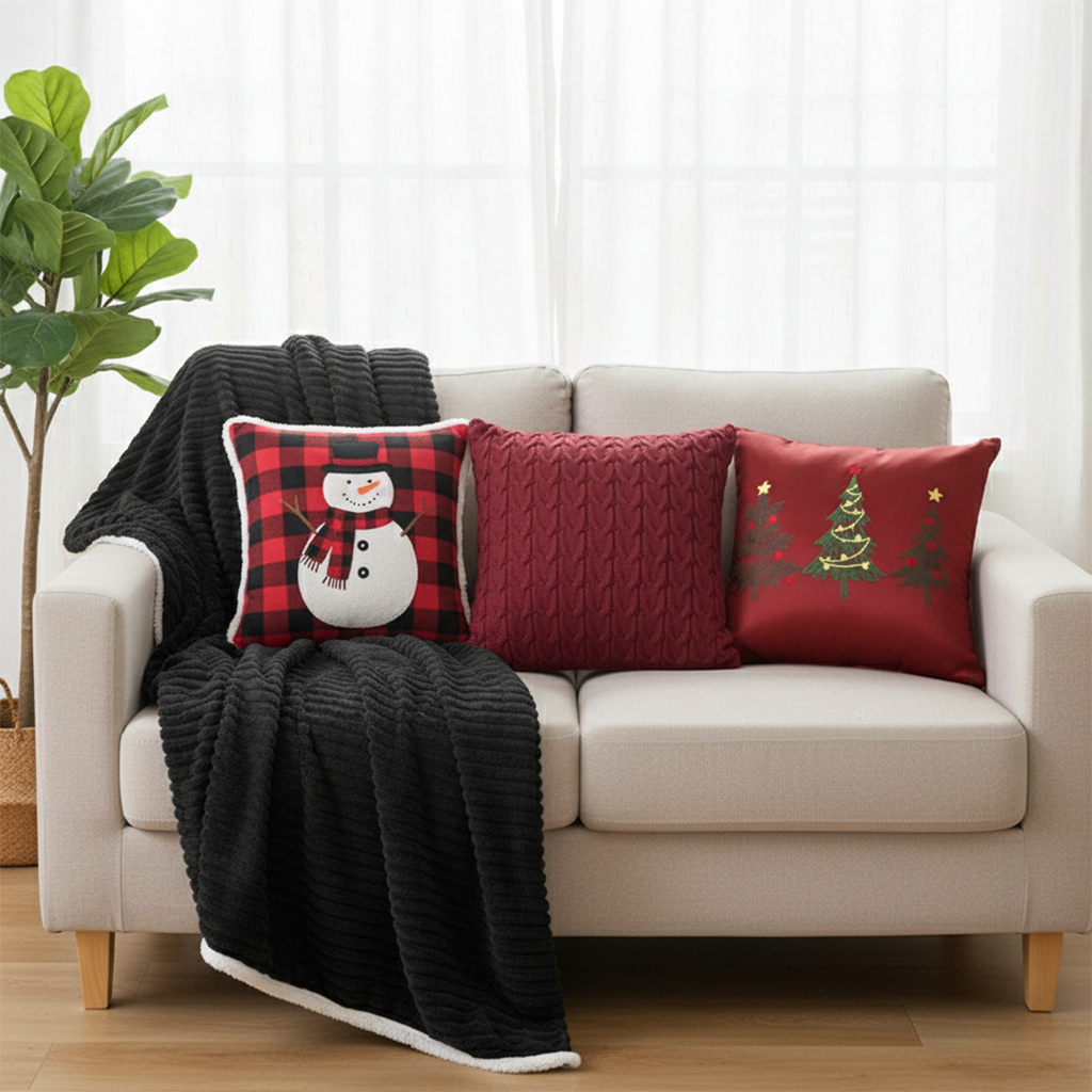 SOGA 5PC Christmas Set – Flannel Throw + Red Cable Knit, Tree Trio & Snowman Pillowcases