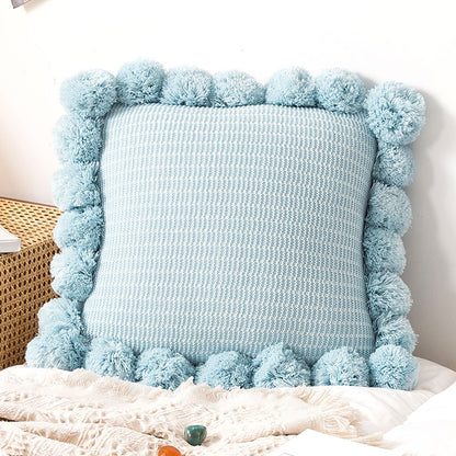 SOGA 45cm Light Blue Ribbed Pillow Cover with Pom Poms
