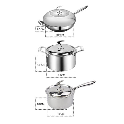 SOGA 6 Piece Cookware Set 18/10 Stainless Steel 3-Ply Frying Pan, Milk, and Soup Pot with Lid