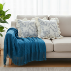 SOGA 3PC Cozy Set – Royal Blue Diamond Knit Throw Blanket with 2 White Floral Ruffle Trim Pillow Covers