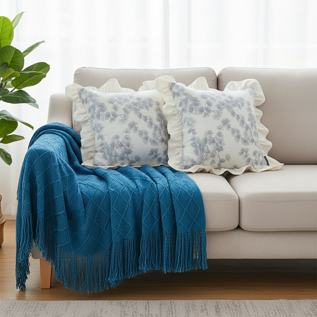 SOGA 3PC Cozy Set – Royal Blue Diamond Knit Throw Blanket with 2 White Floral Ruffle Trim Pillow Covers