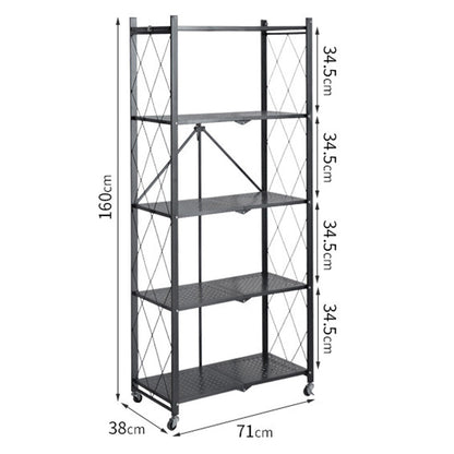 SOGA 5 Tier Steel Black Foldable Kitchen Cart Multi-Functional Shelves Portable Storage Organizer with Wheels