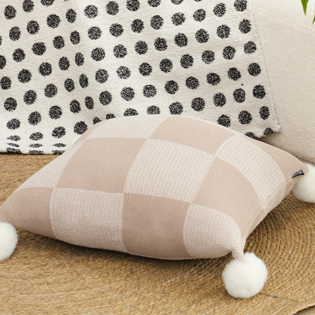 SOGA 45cm Cozy Chic Checkerboard Knit Pillowcase with Pom Pom Trim