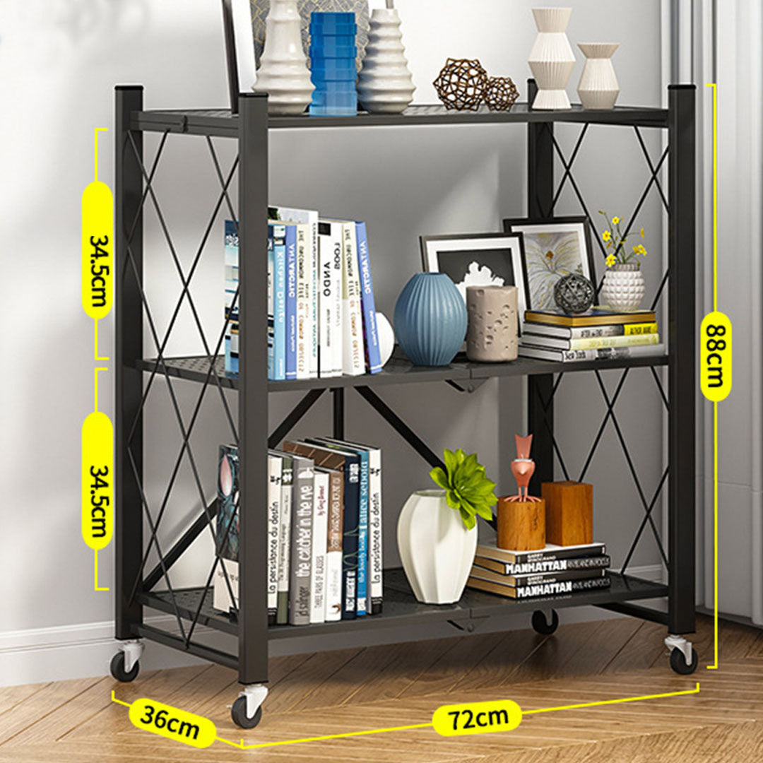 SOGA 2X 3 Tier Steel Black Foldable Kitchen Cart Multi-Functional Shelves Portable Storage Organizer with Wheels