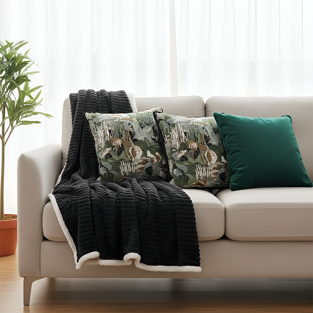 SOGA 4PC Set – Flannel Throw Blanket + Landscape Tapestry & Emerald Velvet Pillowcases – Cozy Decor