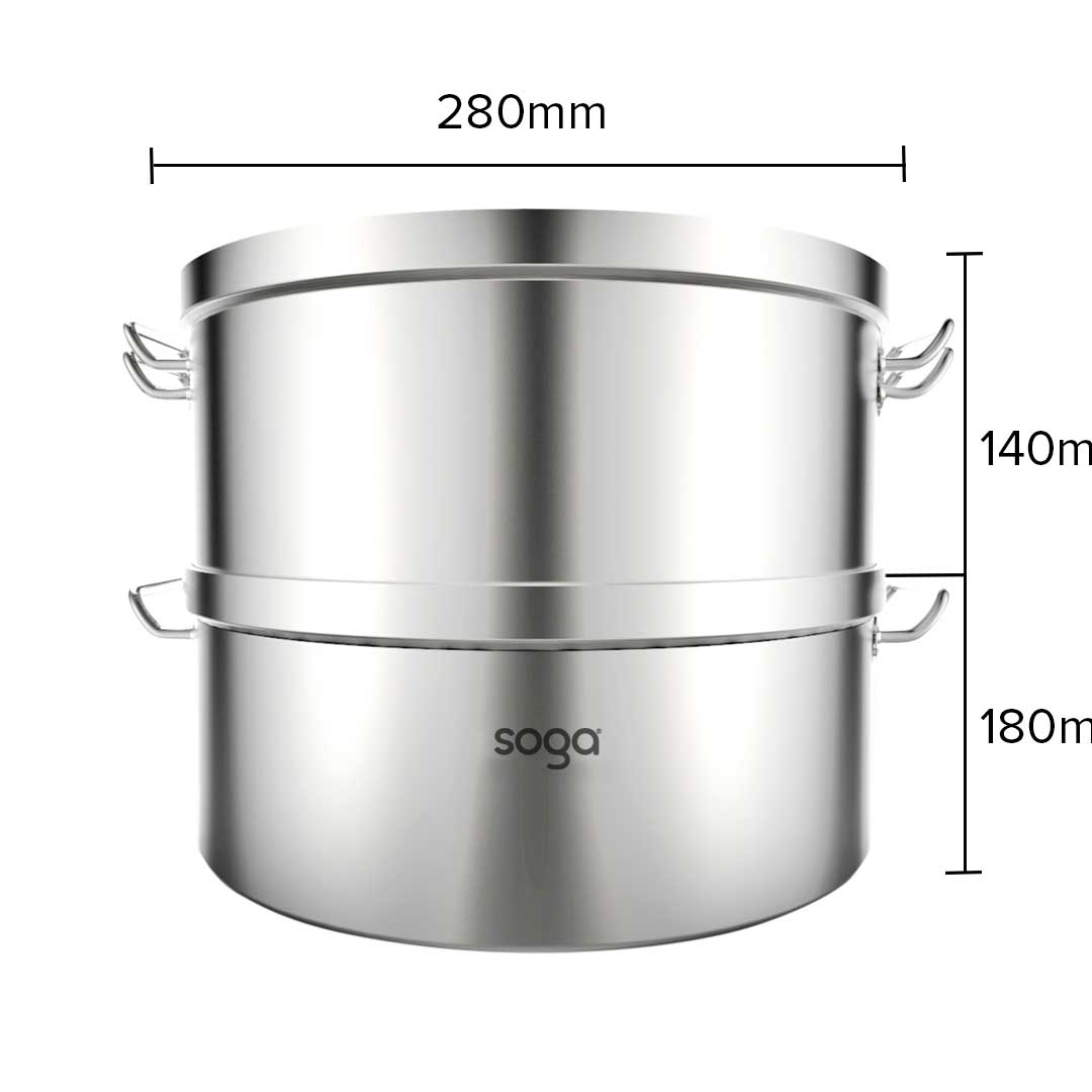 SOGA Commercial 304 Stainless Steel Steamer With 2 Tiers Top Food Grade 28*18cm