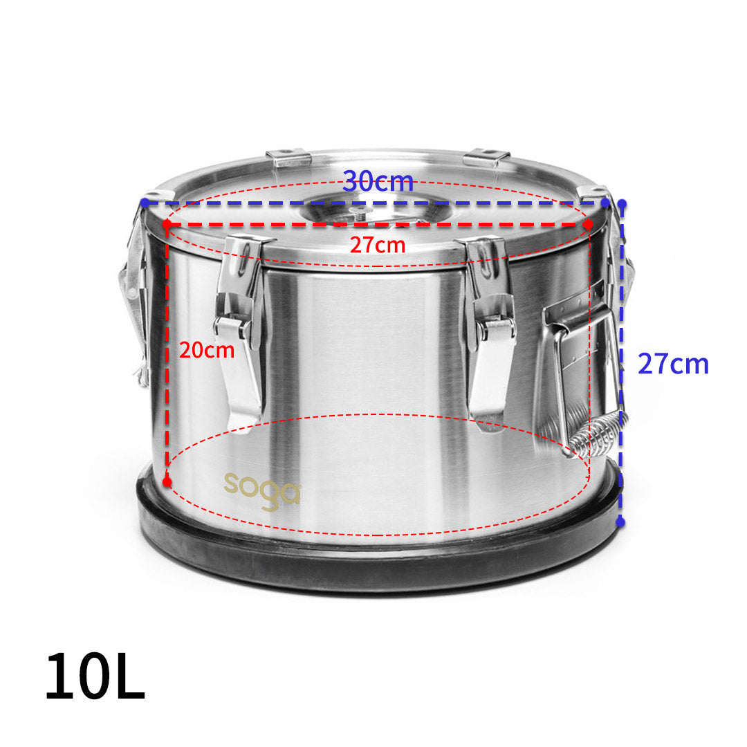 SOGA 10L 304 Stainless Steel Insulated Food Carrier Warmer Container with Anti Slip Rubber Bottom