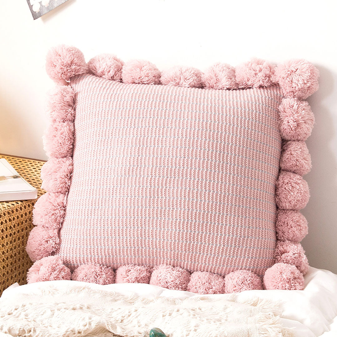 SOGA 45cm Blush Pink Ribbed Pillow Cover with Pom Poms