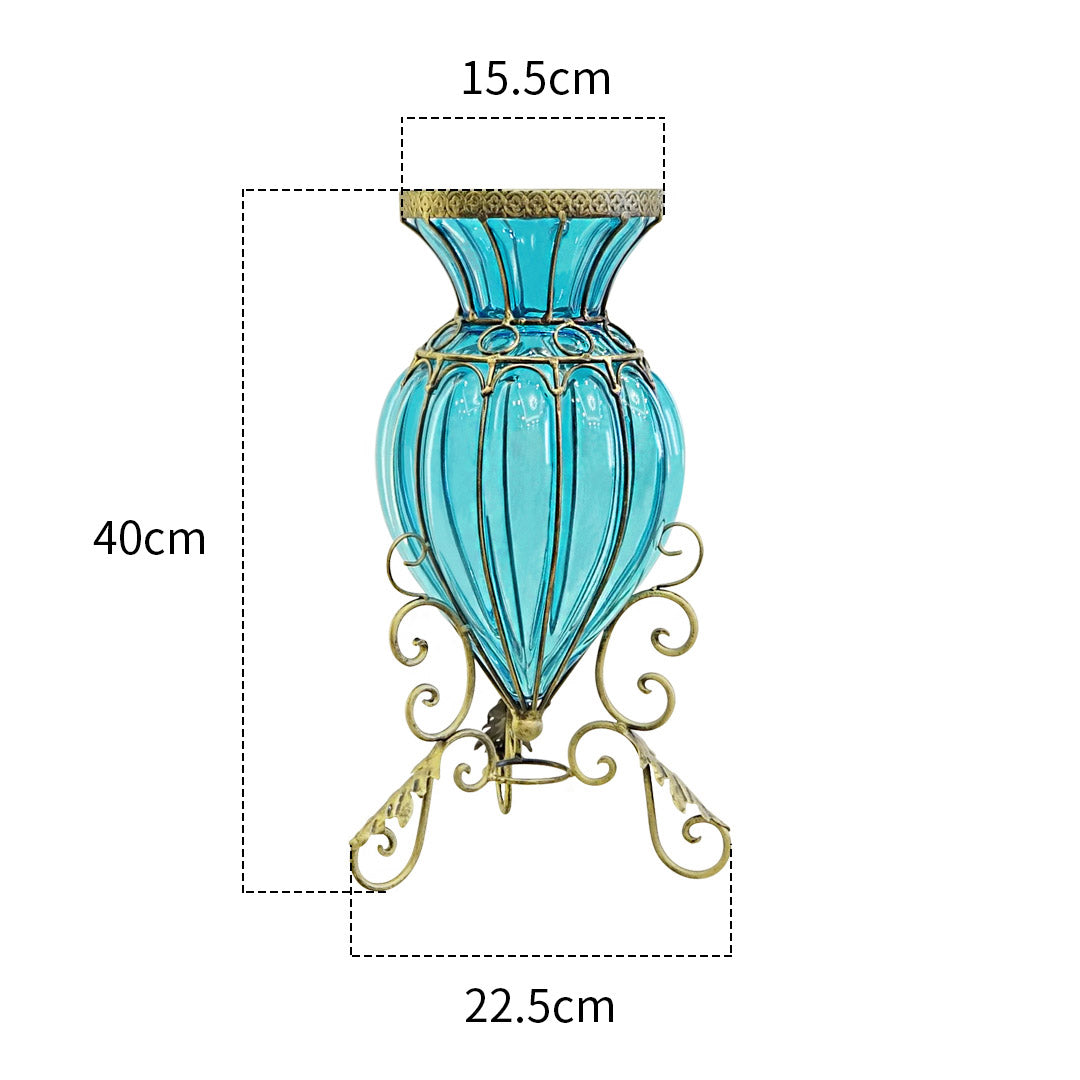 SOGA Blue Colored Glass Floor Flower Vase 8 Bunch 5 Heads Artificial Fake Silk Rose Home Decor Set