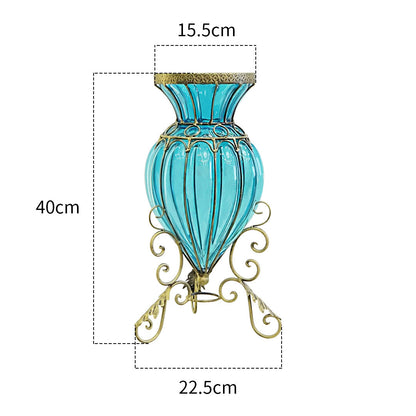 SOGA Blue Colored Glass Floor Flower Vase 8 Bunch 5 Heads Artificial Fake Silk Rose Home Decor Set