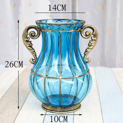 SOGA Blue Colored Glass Flower Vase with 4 Bunch 11 Heads Artificial Fake Silk Rose Home Decor Set