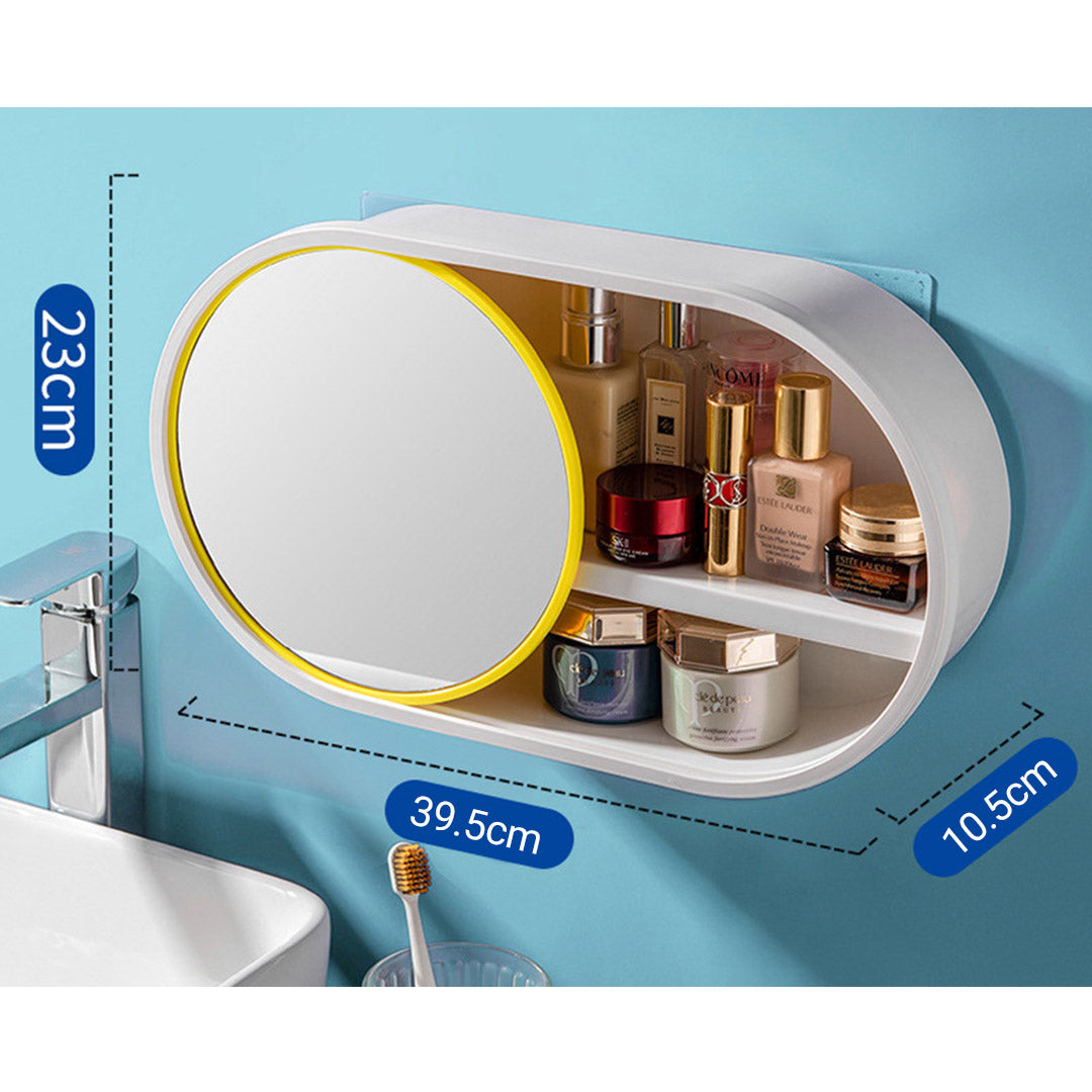 SOGA 2X 39cm Oval Wall-Mounted Mirror Storage Box Vanity Mirror Rack Bathroom Adhesive Shelf Home Organiser Decor