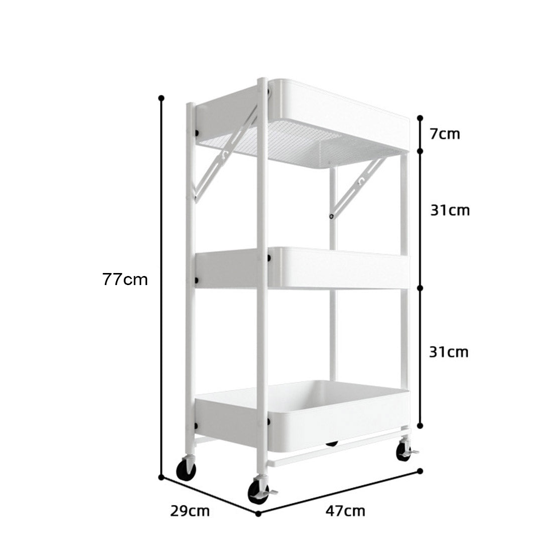 SOGA 2X 3 Tier Steel White Foldable Kitchen Cart Multi-Functional Shelves Portable Storage Organizer with Wheel