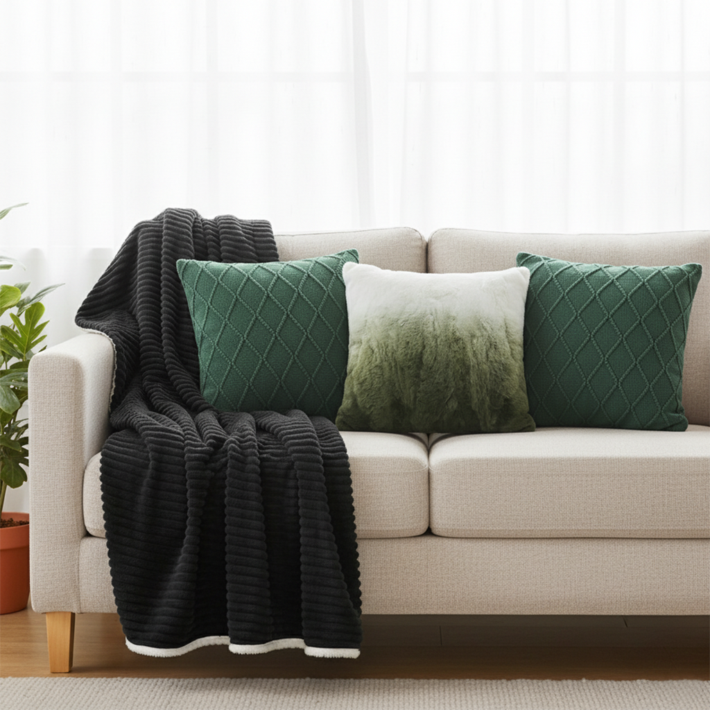 SOGA 4PC Set – Flannel Throw Blanket + Ombre Faux Fur & Forest Green Knit Pillowcases – Cozy Decor