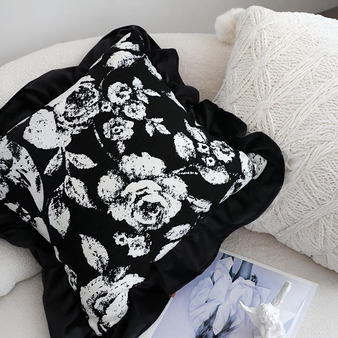 SOGA 45cm Black Floral Throw Pillowcase with Ruffle Edges
