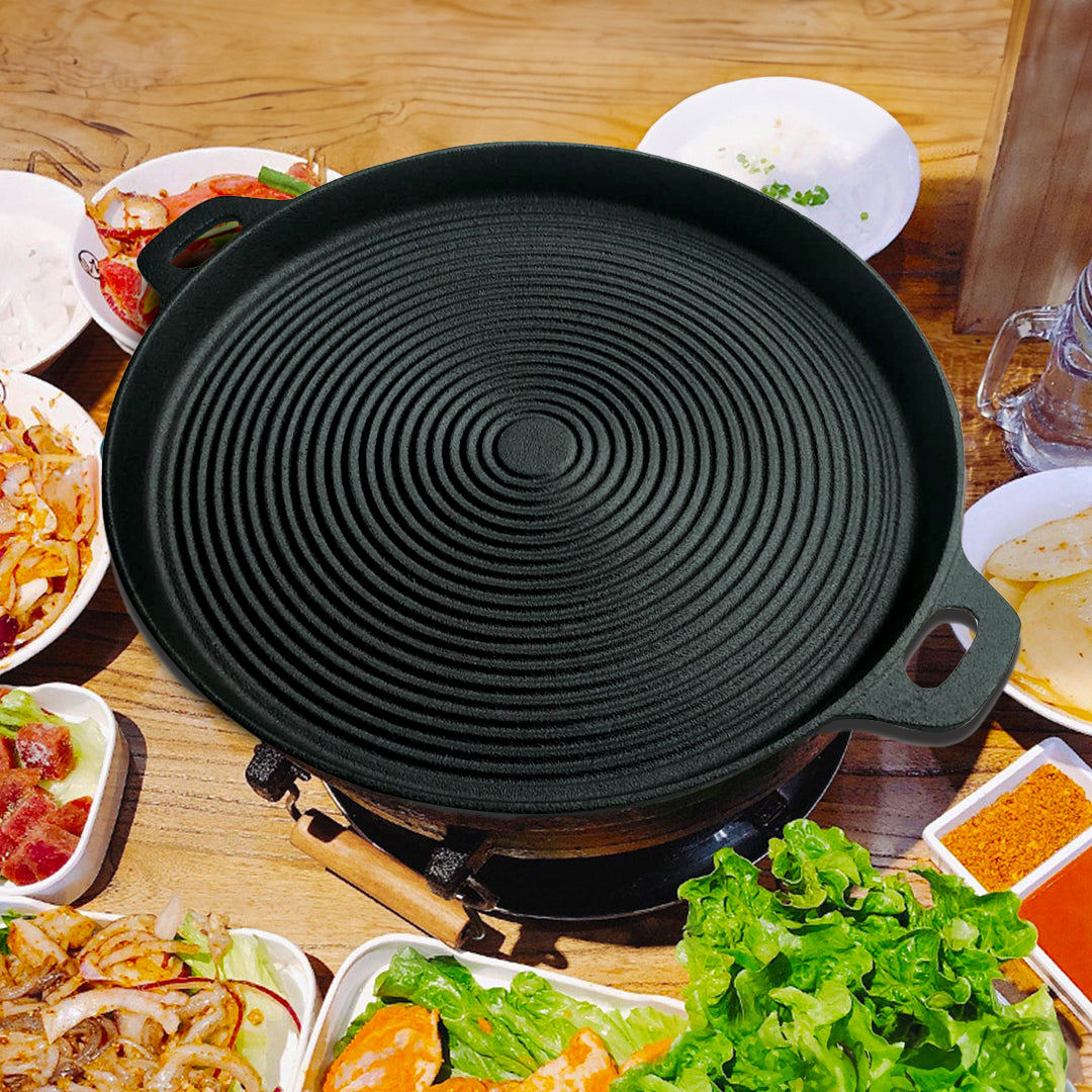 SOGA 2X 35cm Round Ribbed Cast Iron Frying Pan Skillet Steak Sizzle Platter with Handle