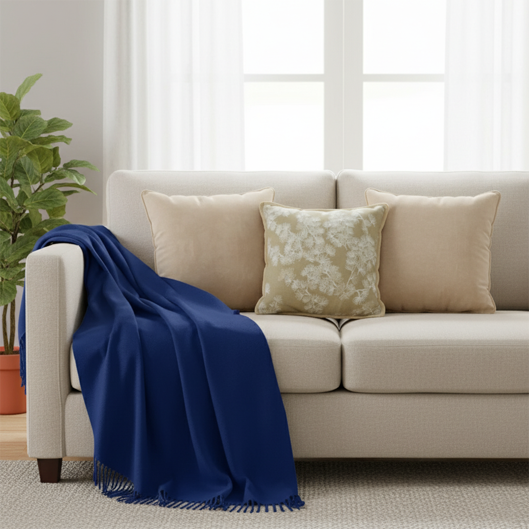 SOGA 5PC Set – Royal Blue Knitted Throw with Fringes + Champagne Velvet & Floral Pillowcases – Cozy Elegant Decor