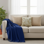SOGA 5PC Set – Royal Blue Knitted Throw with Fringes + Champagne Velvet & Floral Pillowcases – Cozy Elegant Decor