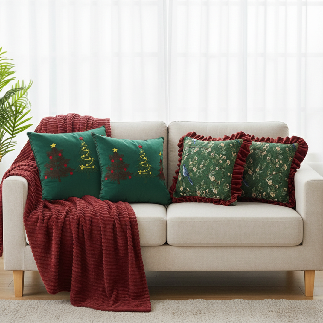 SOGA 5PC Christmas Set – Striped Flannel Throw Blanket with Tree Trio & Holiday Pillow Covers