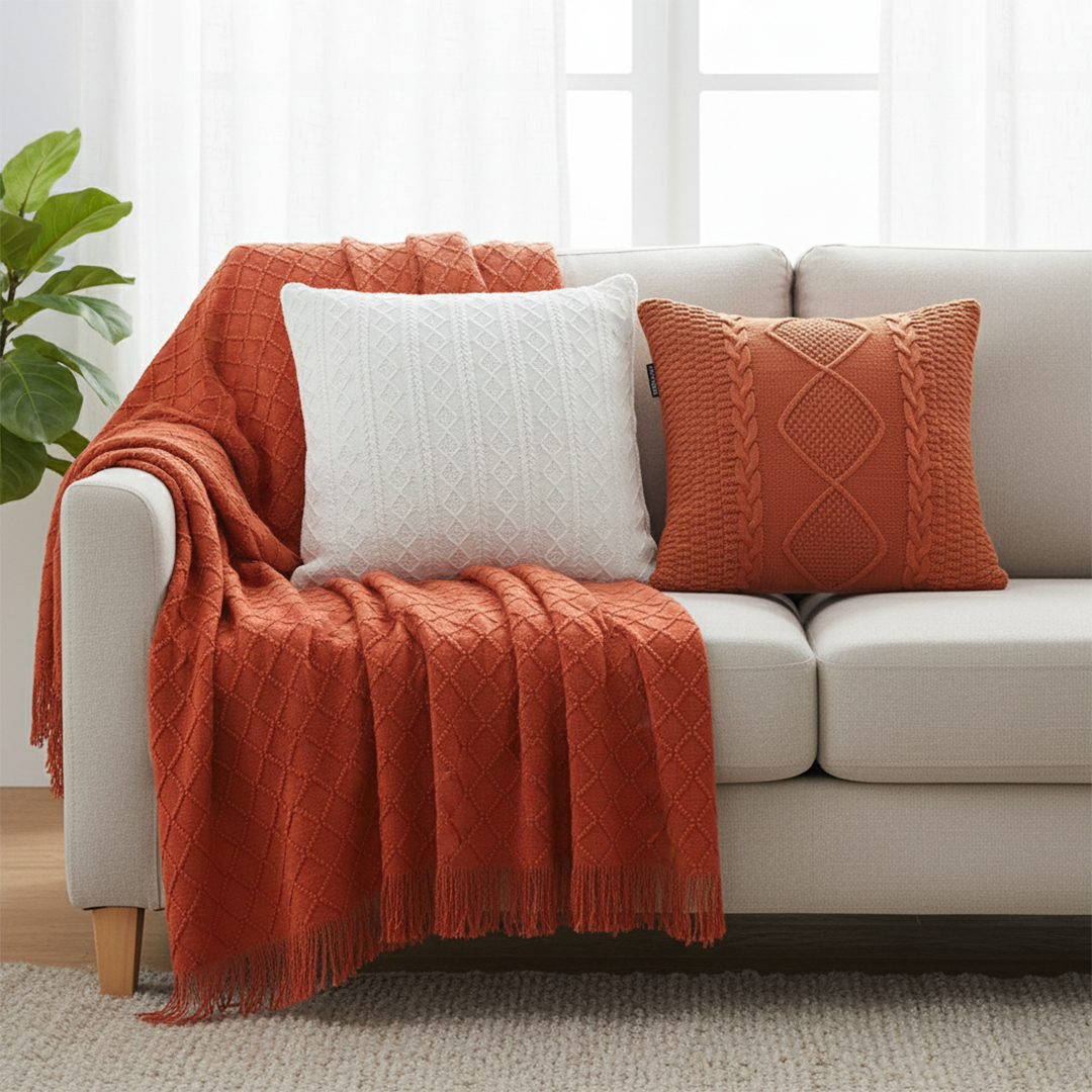 SOGA 3PC Cozy Red Knit Set – Diamond Throw Blanket with Cable Knit Pillow Covers (Diamond & Pure Design)