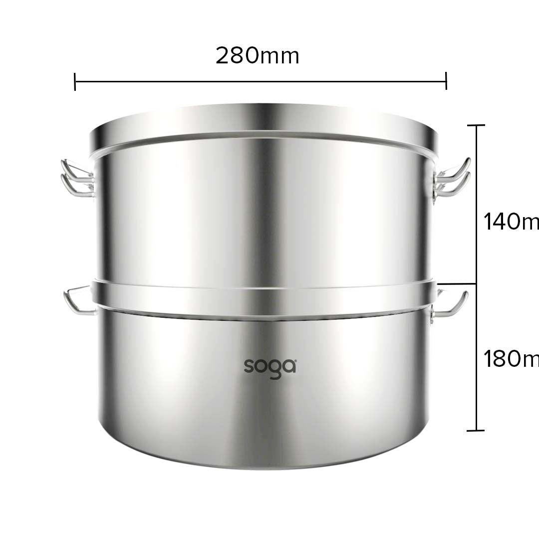 SOGA 2X Commercial 304 Stainless Steel Steamer With 2 Tiers Top Food Grade 28*18cm