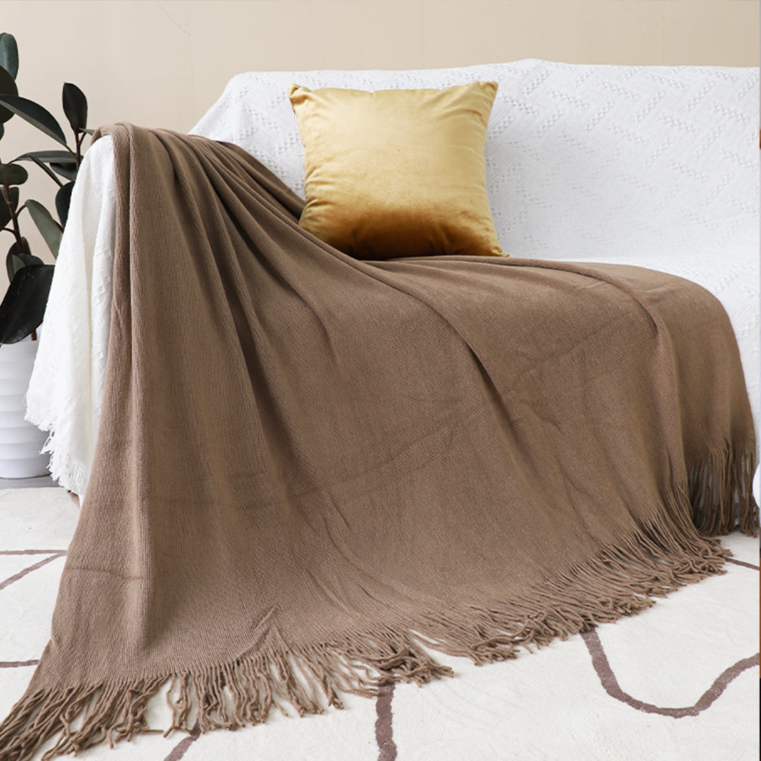 SOGA Acrylic Knitted Throw Blanket – Solid Warm Cozy Woven Cover with Fringes for Couch, Bed, Sofa & Home Decor, Coffee