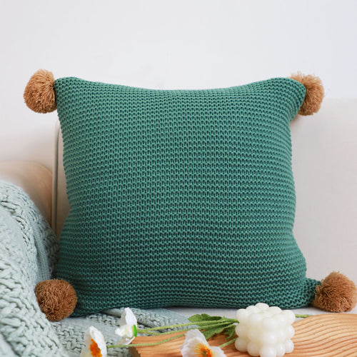 SOGA 2X 45cm Sage Green Ribbed Knit Pillowcase with Tan Pom-Poms – Boho Decorative Cushion Covers
