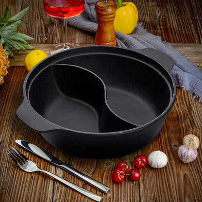 SOGA 2X 32CM Round Cast Iron Shabu Shabu Hotpot Beef Chicken Stew Wok Two-Flavor Division