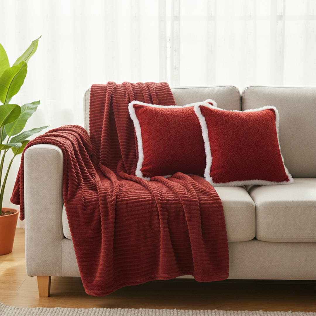SOGA 3PC Cozy Set – Striped Flannel Throw Blanket with 2 Plush Crimson Red Pillow Covers