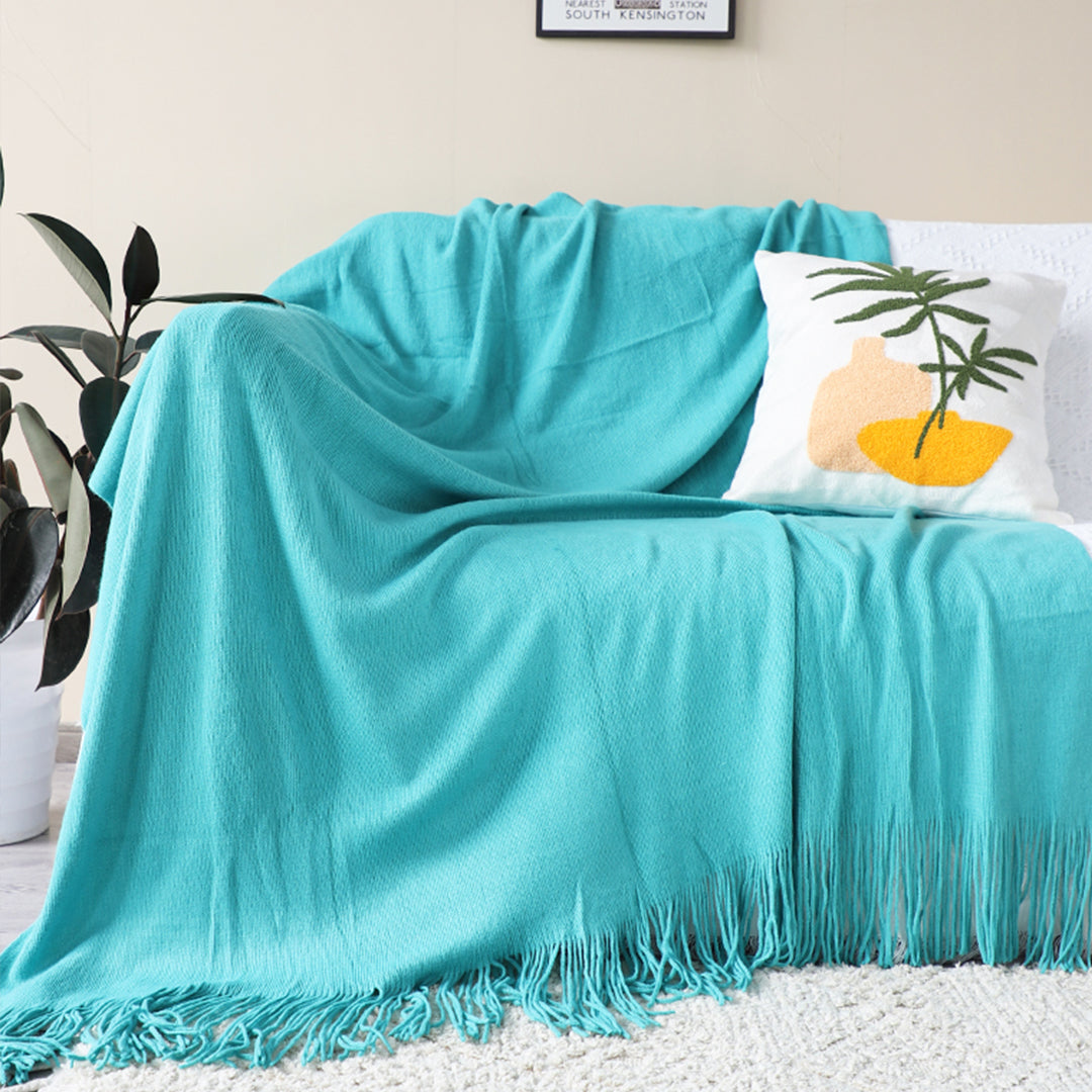 SOGA 2X Acrylic Knitted Throw Blanket – Solid Fringed Warm Cozy Woven Cover for Couch, Bed, Sofa Home Decor, Teal