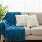 SOGA 3PC Cozy Set – Royal Blue Diamond Knit Throw Blanket with Cream Pom-Pom Grid Pillow Covers