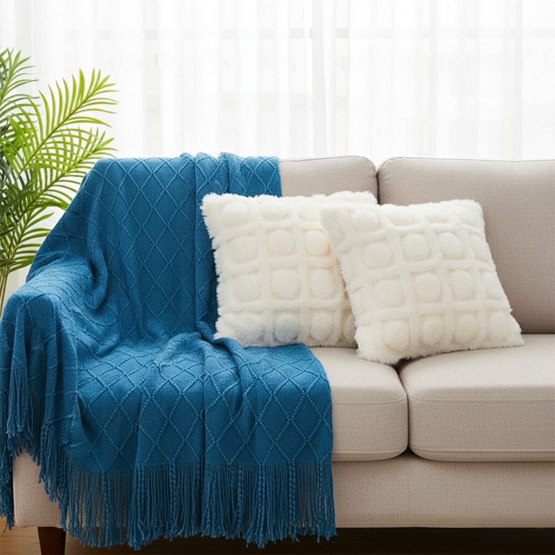 SOGA 3PC Cozy Set – Royal Blue Diamond Knit Throw Blanket with Cream Pom-Pom Grid Pillow Covers