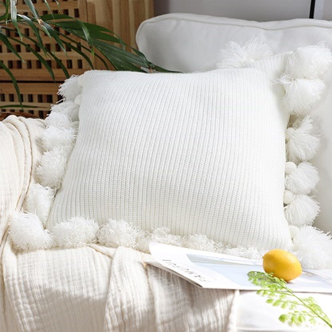 SOGA 45cm Textured Pillowcase with Pom-Pom Trim (Pure White)