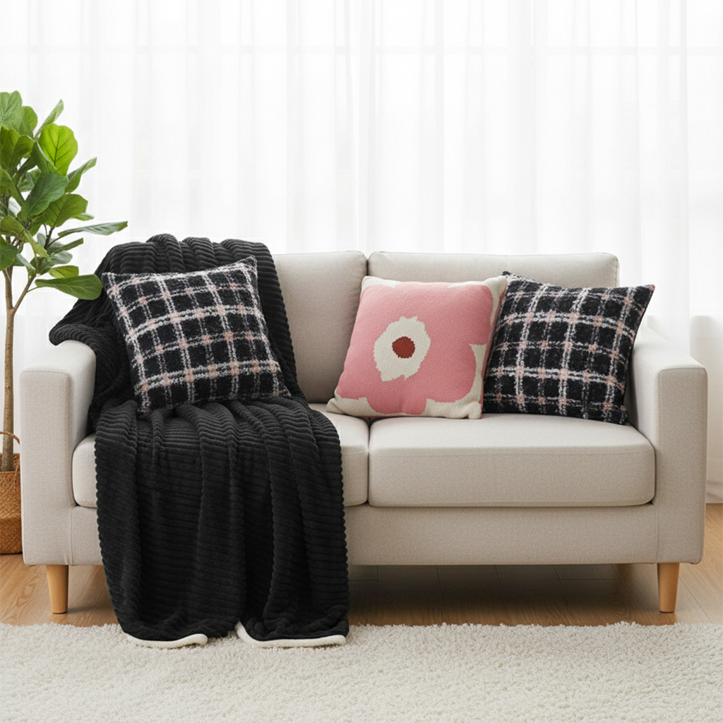 SOGA 4PC Set – Flannel Throw Blanket + Blush Bloom & Plaid Pillowcases – Warm Cozy Decor