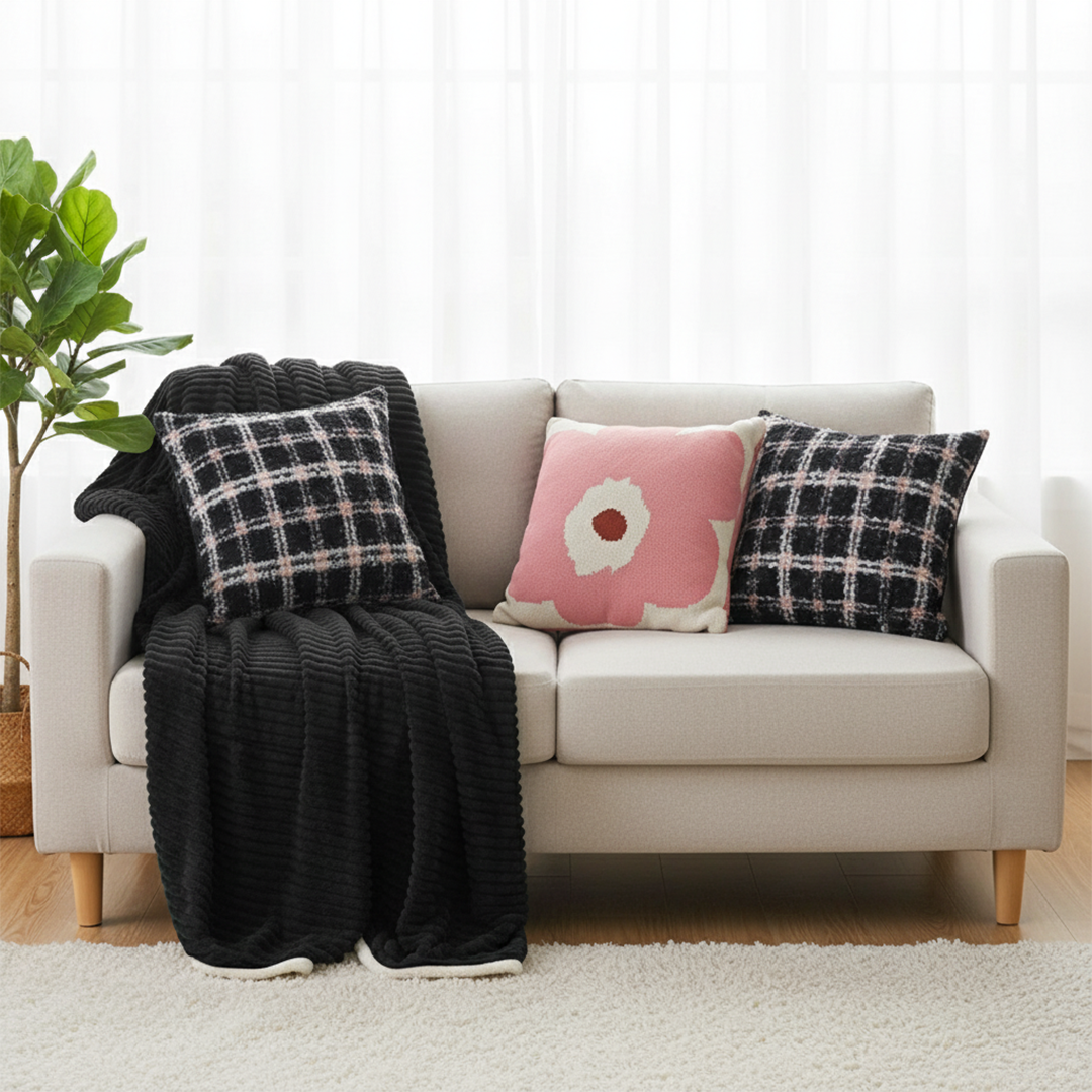 SOGA 4PC Set – Flannel Throw Blanket + Blush Bloom & Plaid Pillowcases – Warm Cozy Decor