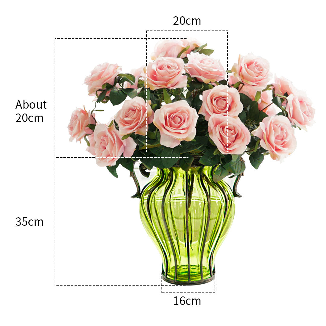 SOGA Green Colored Glass Flower Vase with 4 Bunch 9 Heads Artificial Fake Silk Rose Home Decor Set