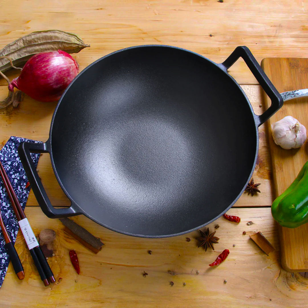 SOGA 32cm Commercial Cast Iron Wok FryPan Fry Pan with Double Handle