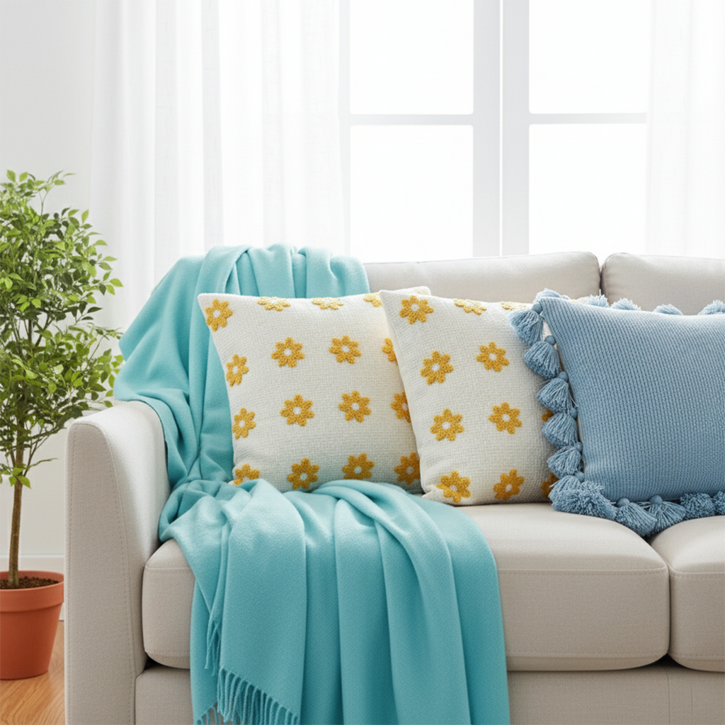 SOGA 4PC Set – Teal Knitted Throw Blanket + Sky Blue & Daisy Pillowcases – Cozy Home Decor