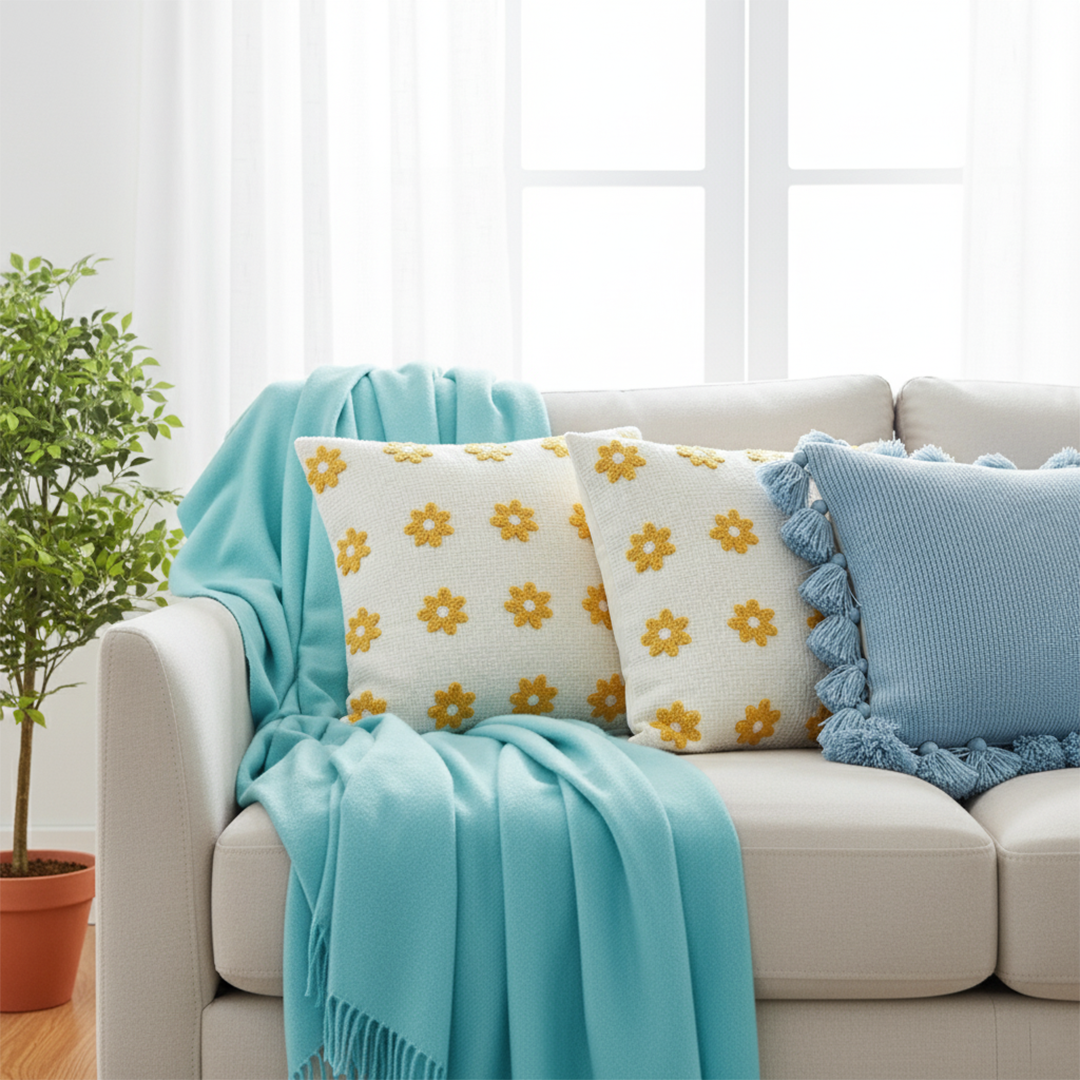 SOGA 4PC Set – Teal Knitted Throw Blanket + Sky Blue & Daisy Pillowcases – Cozy Home Decor