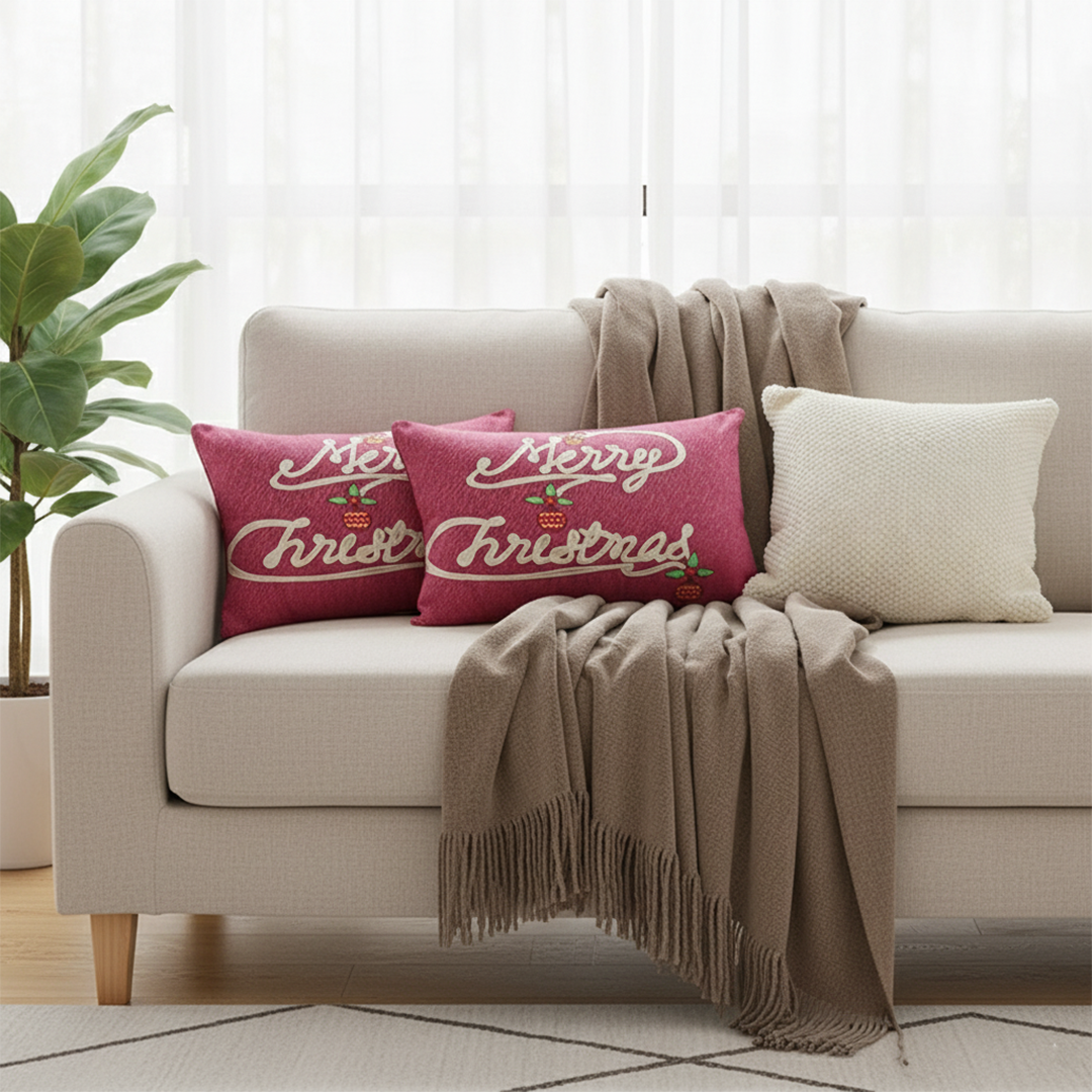SOGA 4PC Christmas Set – Coffee Knitted Throw with Fringes + Script & Cream Pillowcases – Cozy Festive Decor