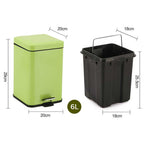 SOGA 2X Foot Pedal Stainless Steel Rubbish Recycling Garbage Waste Trash Bin Square 6L Green
