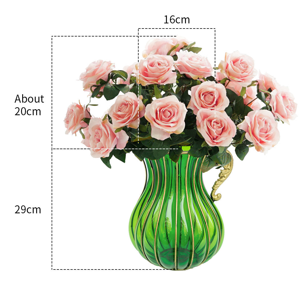 SOGA Green Colored Glass Flower Vase with 4 Bunch 9 Heads Artificial Fake Silk Rose Home Decor Set