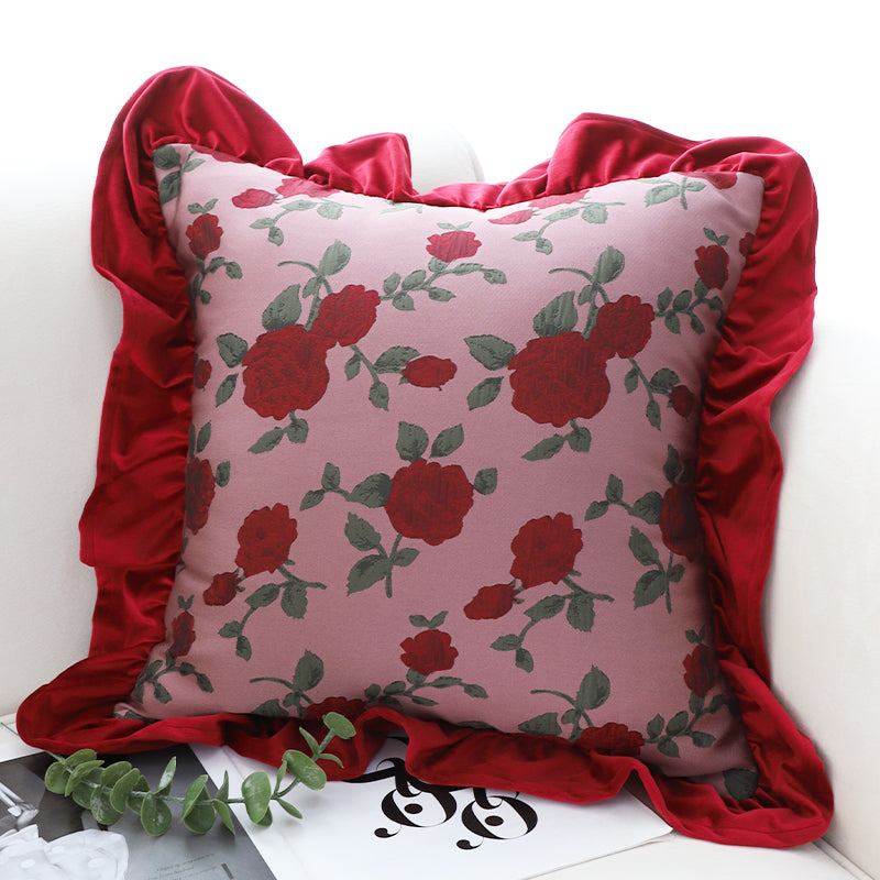 SOGA 2X 45cm Rose Garden Pillow Covers with Burgundy Ruffle – Floral Decorative Cushion Cases for Sofa, Bed & Home Décor