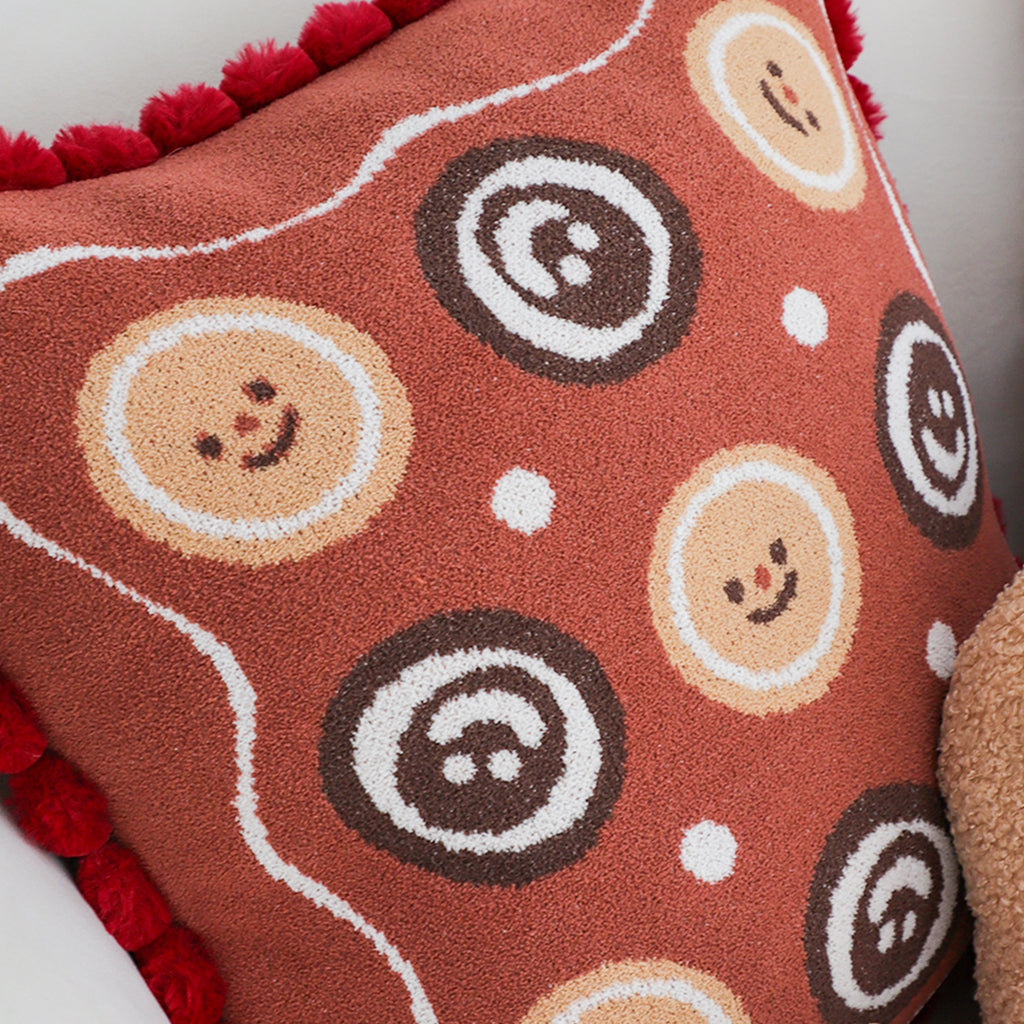 SOGA 45cm Gingerbread Cookie Smiley Face Square Pillowcase with Red Pom-Pom Trim