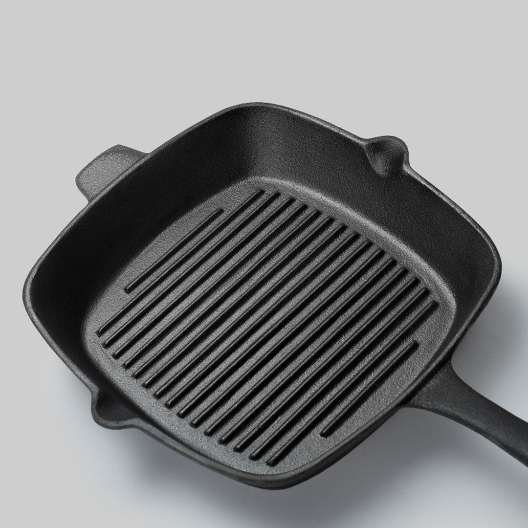 SOGA 2X 26cm Square Ribbed Cast Iron Frying Pan Skillet Steak Sizzle Platter with Handle