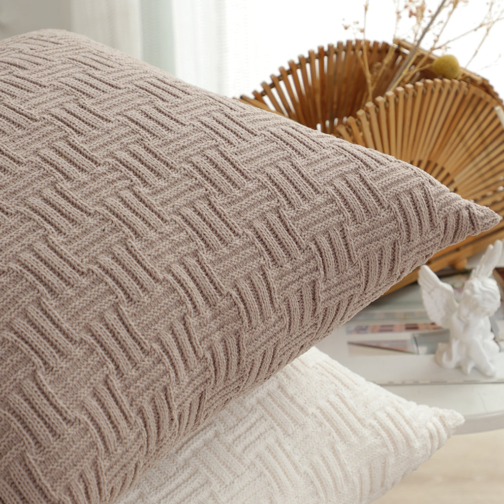 SOGA 45cm Woven Grid Knit Decorative Pillowcase - Taupe Beige