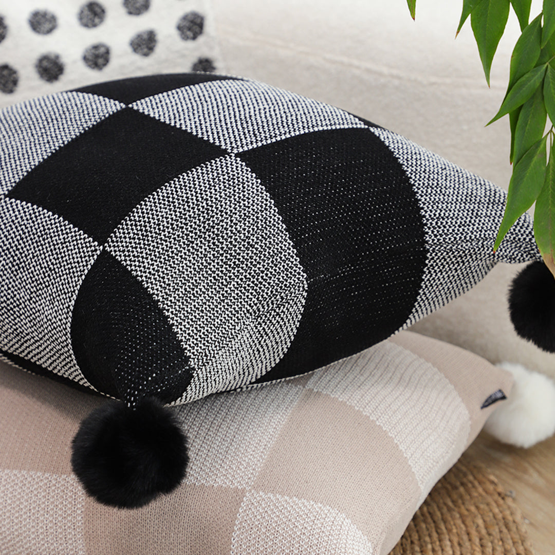 SOGA 45cm Modern Comfort Black & Gray Gingham Pillowcase with Pom Poms