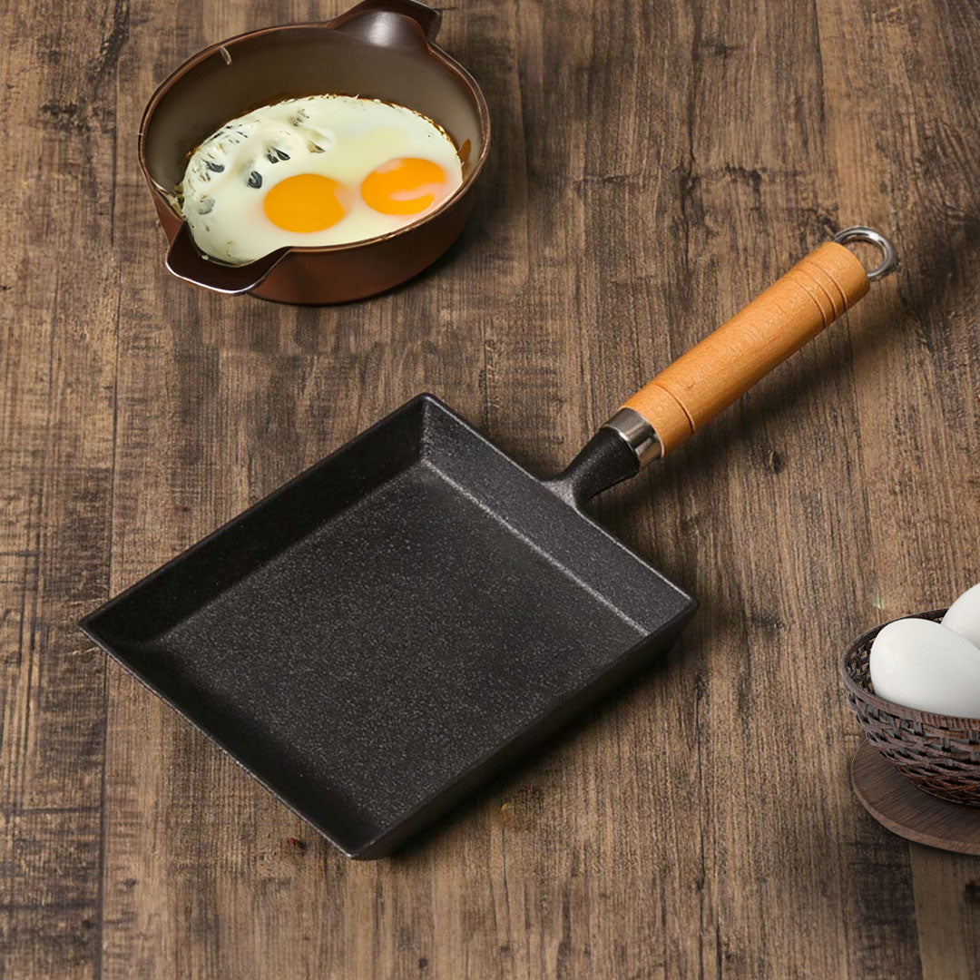 SOGA 2X Cast Iron Tamagoyaki Japanese Omelette Egg Frying Skillet Fry Pan Wooden Handle